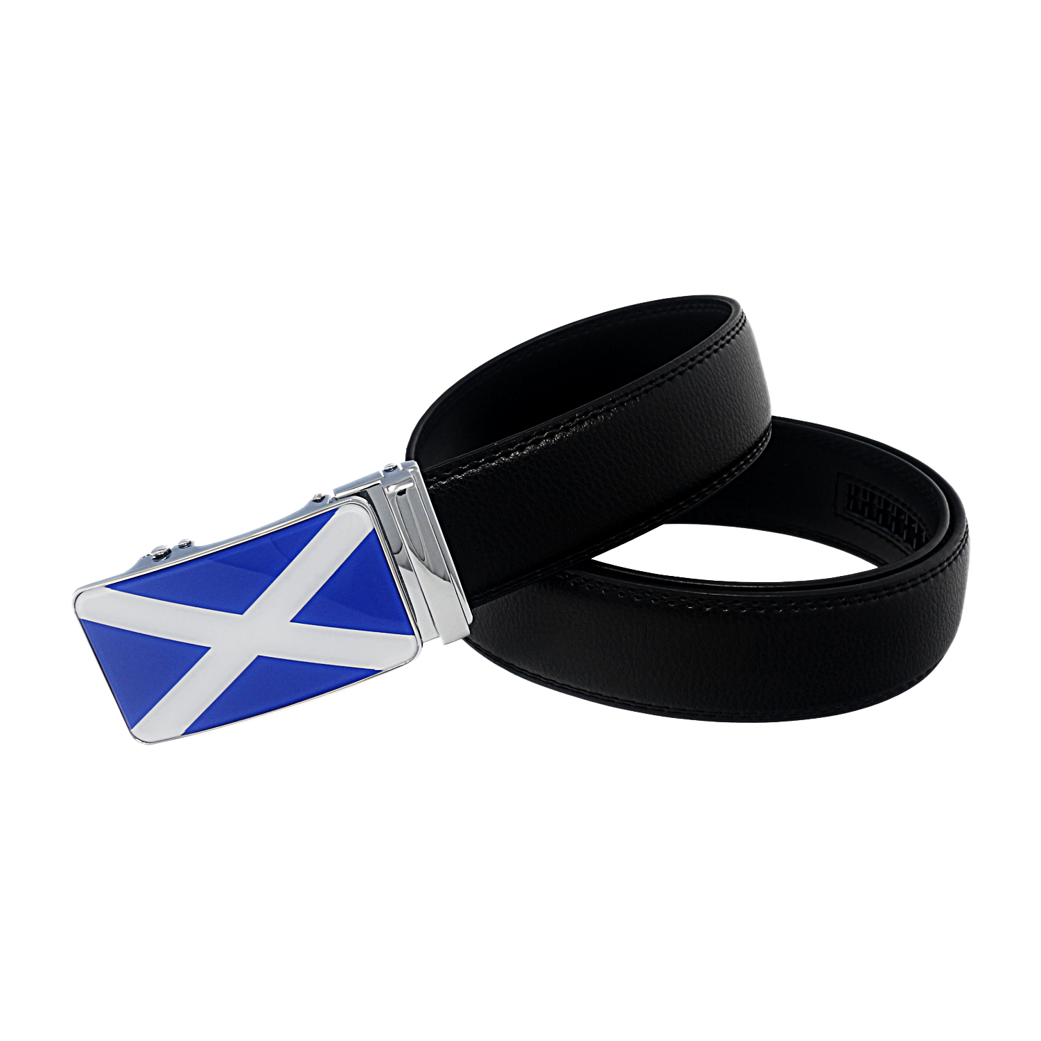 QHA Mens 35mm Ratchet Leather Belt, Scottish Saltire Flag Automatic Buckle Q70