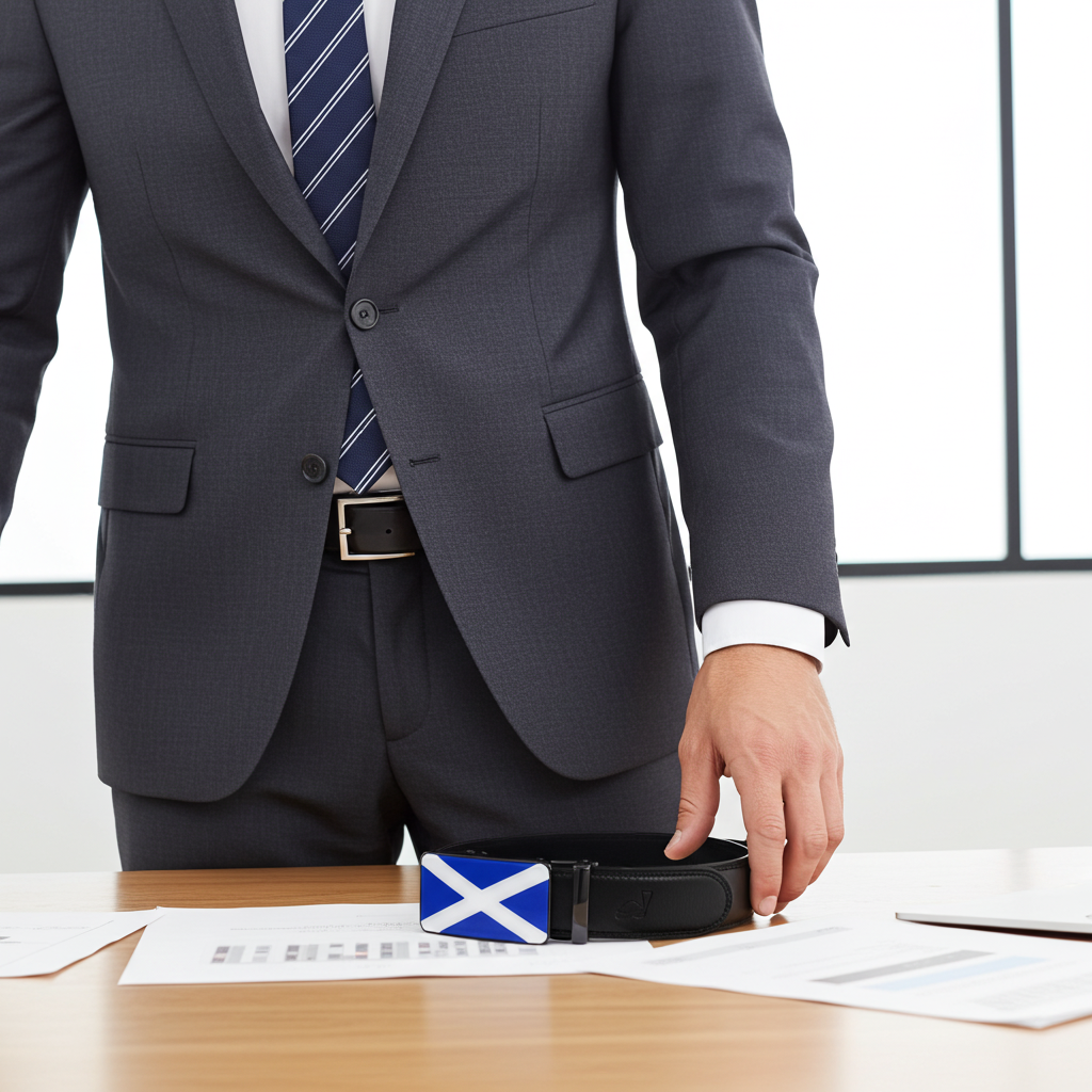 QHA Mens 35mm Ratchet Leather Belt, Scottish Saltire Flag Automatic Buckle Q70