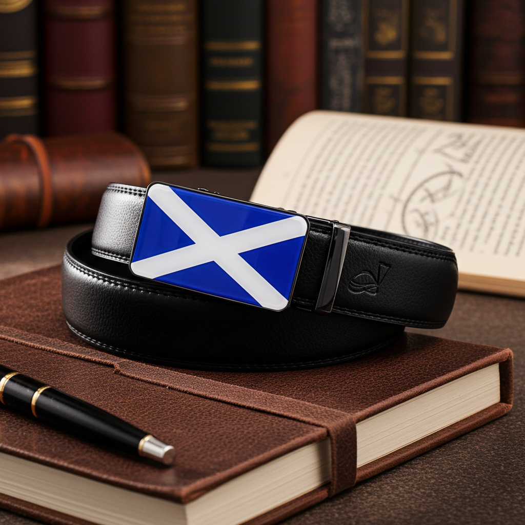 QHA Mens 35mm Ratchet Leather Belt, Scottish Saltire Flag Automatic Buckle Q70