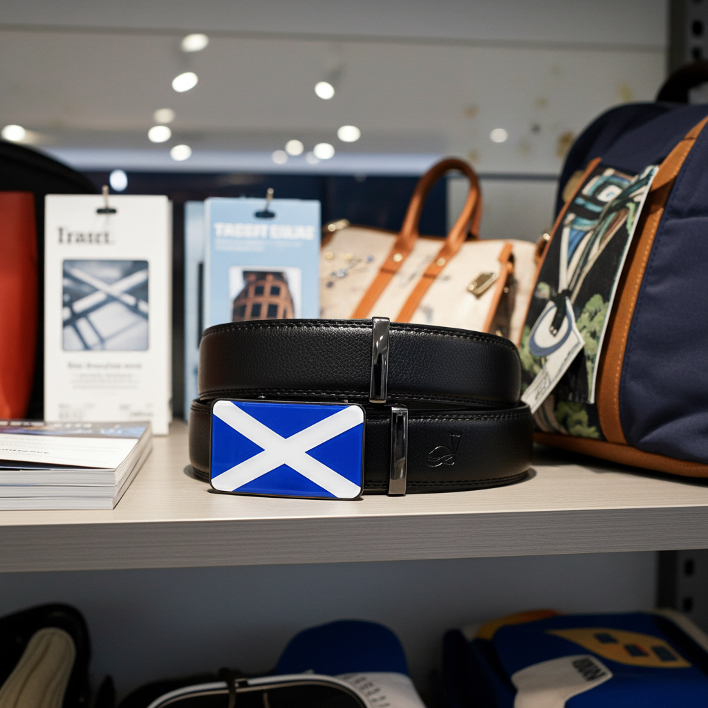 QHA Mens 35mm Ratchet Leather Belt, Scottish Saltire Flag Automatic Buckle Q70