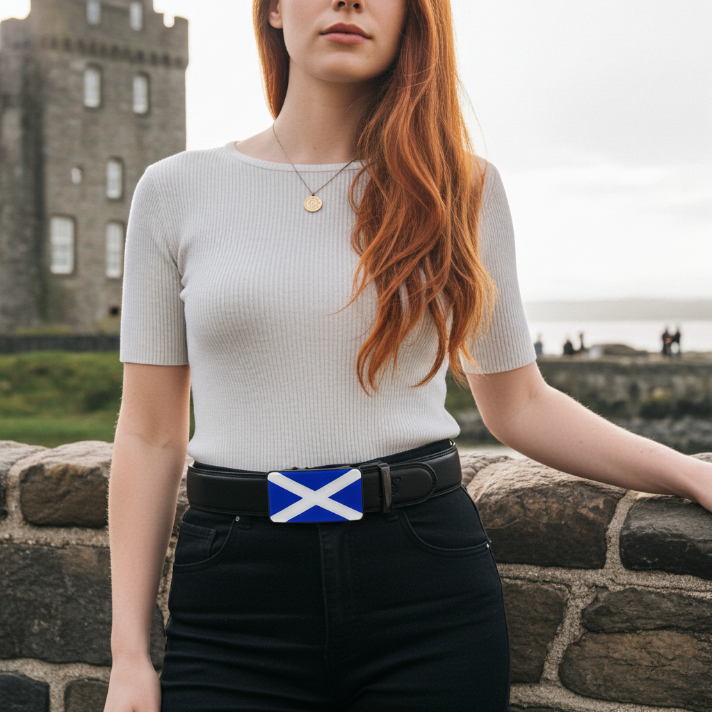 QHA Mens 35mm Ratchet Leather Belt, Scottish Saltire Flag Automatic Buckle Q70