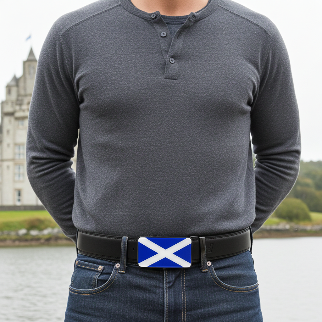 QHA Mens 35mm Ratchet Leather Belt, Scottish Saltire Flag Automatic Buckle Q70