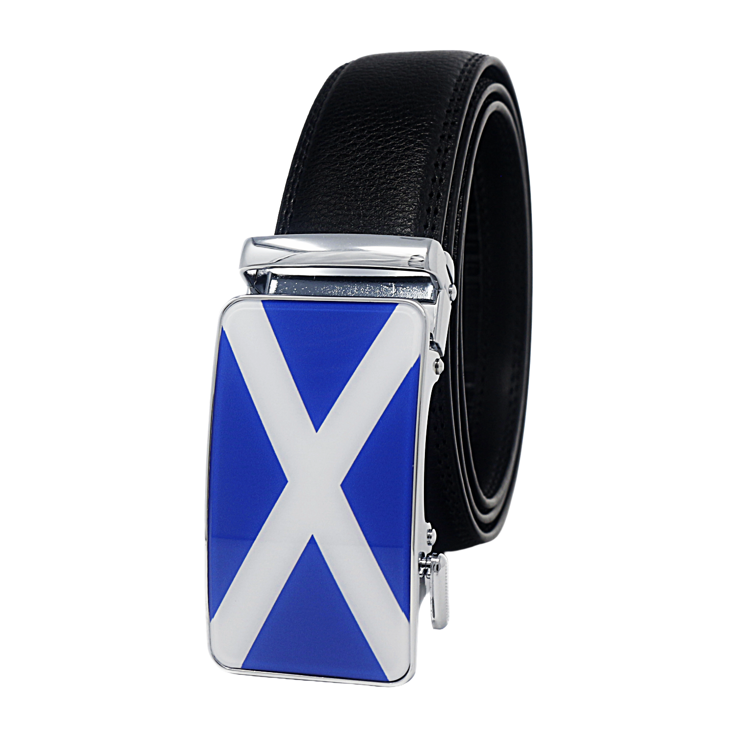 QHA Mens 35mm Ratchet Leather Belt, Scottish Saltire Flag Automatic Buckle Q70