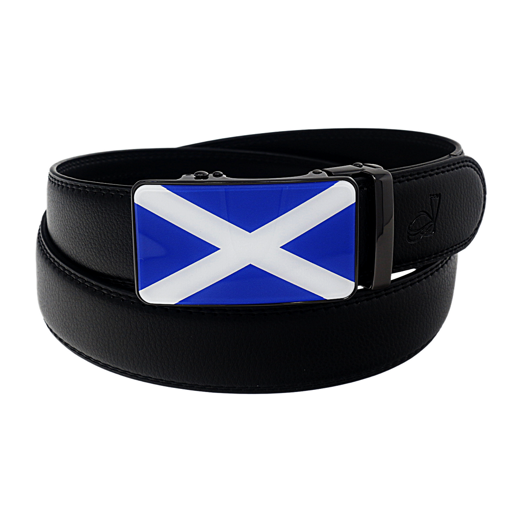QHA Mens 35mm Ratchet Leather Belt, Scottish Saltire Flag Automatic Buckle Q70