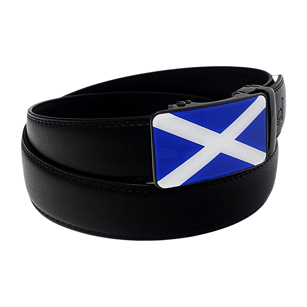 QHA Mens 35mm Ratchet Leather Belt, Scottish Saltire Flag Automatic Buckle Q70