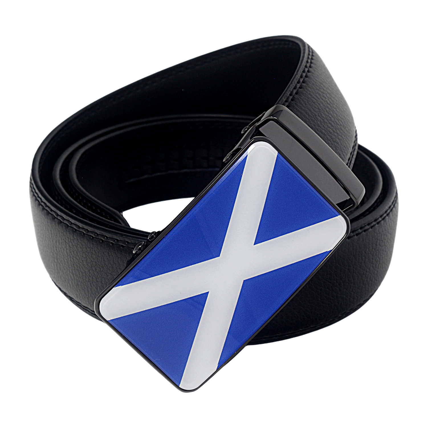 QHA Mens 35mm Ratchet Leather Belt, Scottish Saltire Flag Automatic Buckle Q70