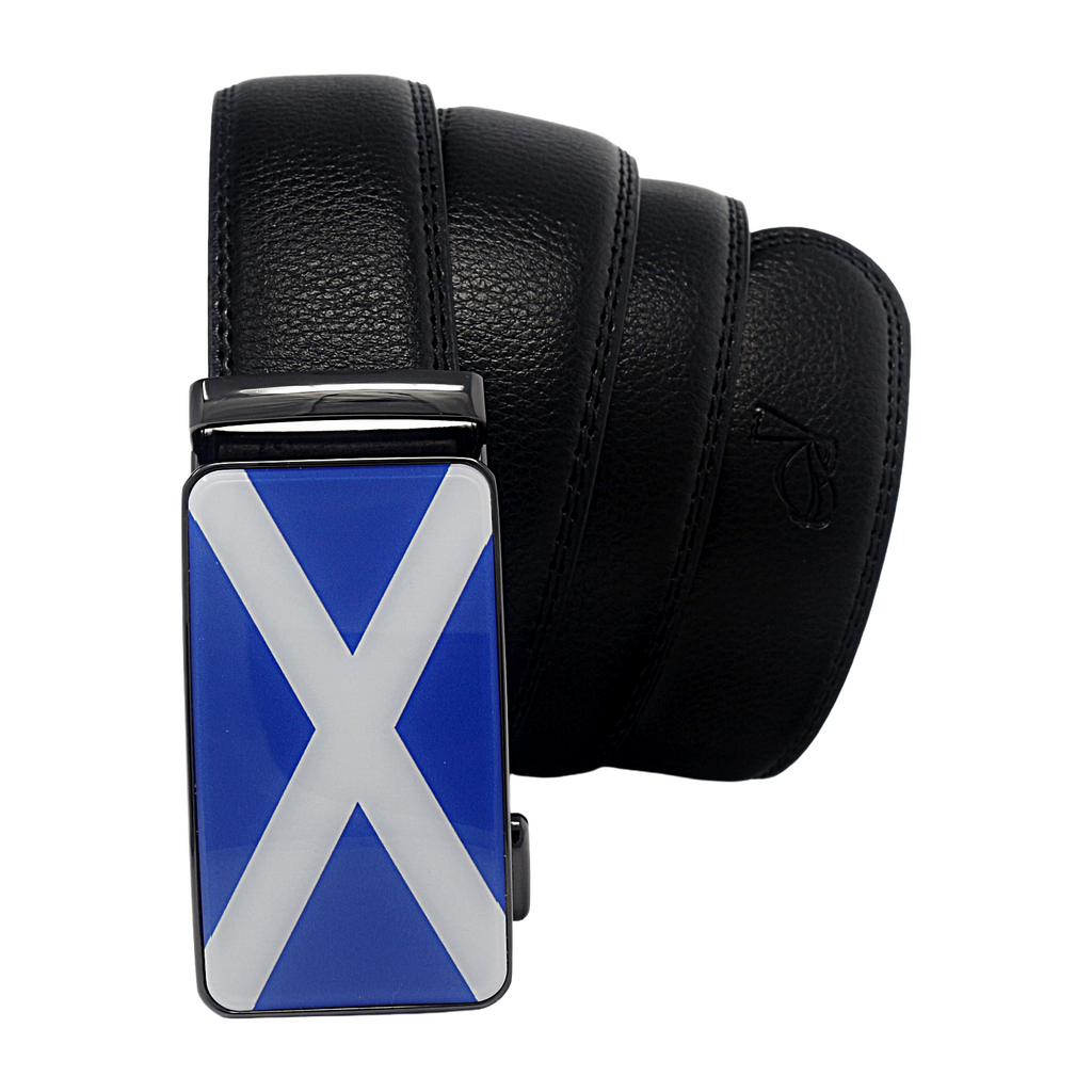 QHA Mens 35mm Ratchet Leather Belt, Scottish Saltire Flag Automatic Buckle Q70