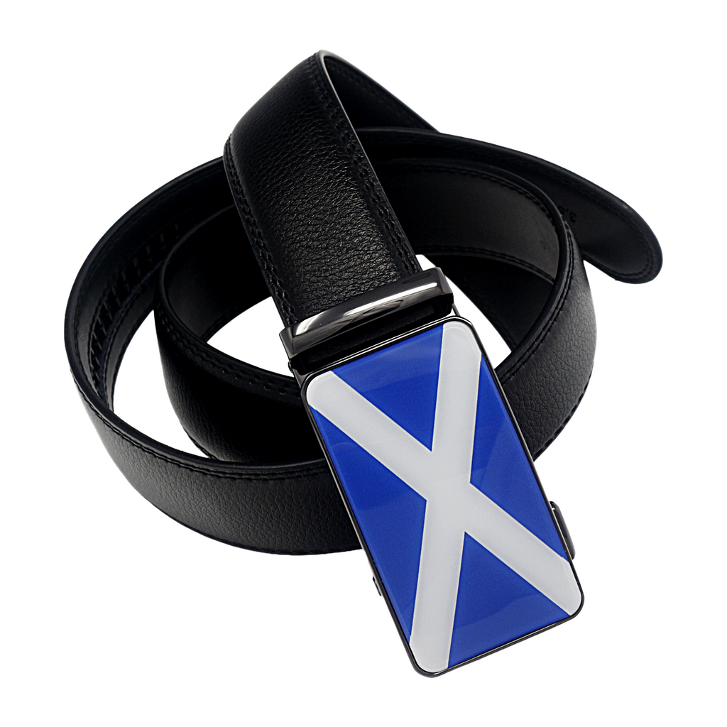 QHA Mens 35mm Ratchet Leather Belt, Scottish Saltire Flag Automatic Buckle Q70