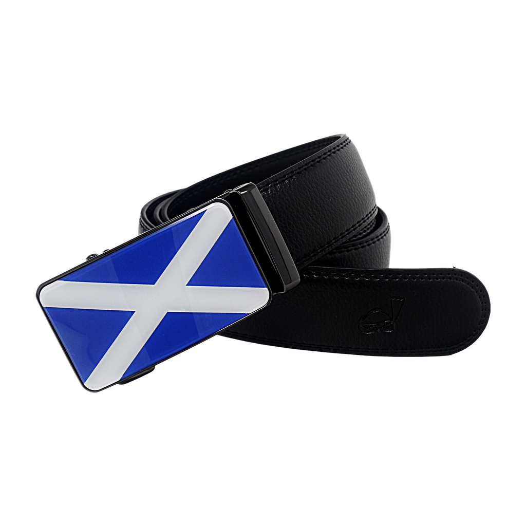 Mens Ratchet Leather Belt Scottish Flag Designer Automatic Sliding Buckle Q70