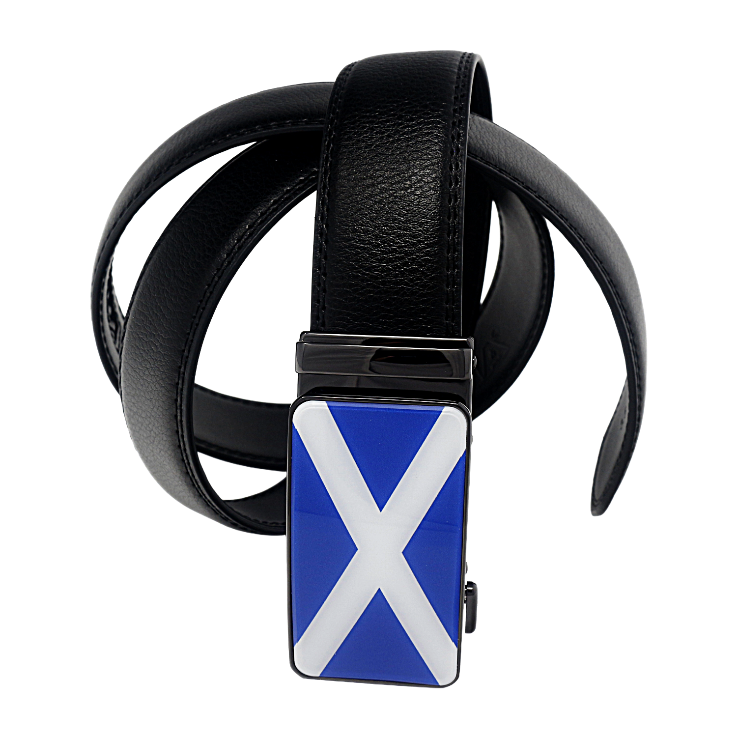 QHA Mens 35mm Ratchet Leather Belt, Scottish Saltire Flag Automatic Buckle Q70