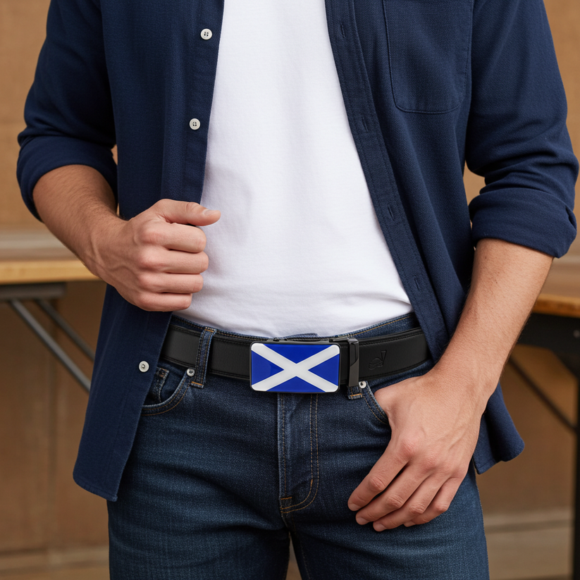 QHA Mens 35mm Ratchet Leather Belt, Scottish Saltire Flag Automatic Buckle Q70 - QHA UK