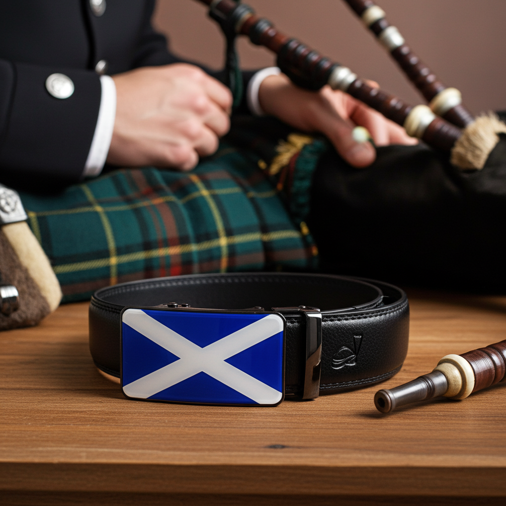 QHA Mens 35mm Ratchet Leather Belt, Scottish Saltire Flag Automatic Buckle Q70