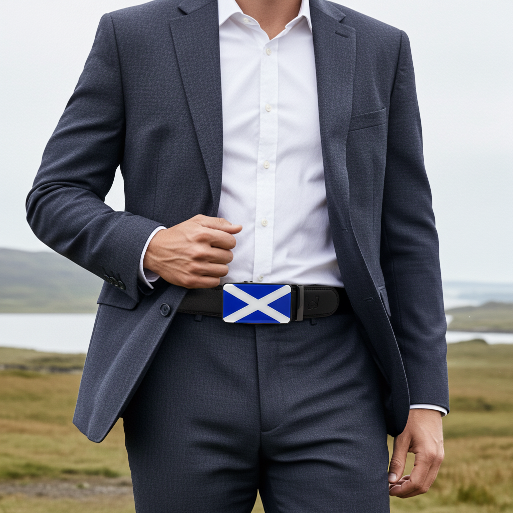 QHA Mens 35mm Ratchet Leather Belt, Scottish Saltire Flag Automatic Buckle Q70