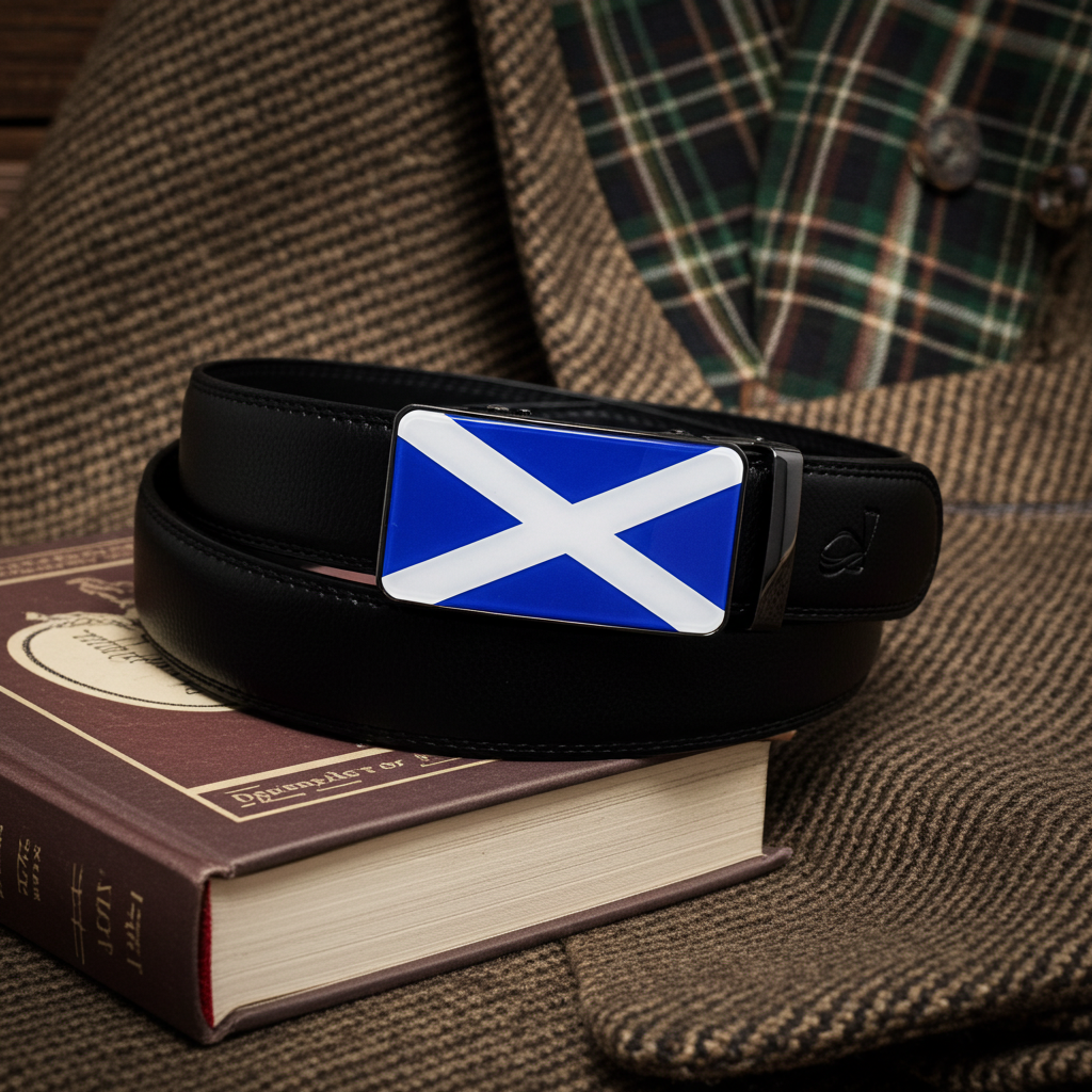 QHA Mens 35mm Ratchet Leather Belt, Scottish Saltire Flag Automatic Buckle Q70