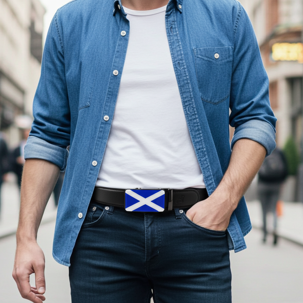 QHA Mens 35mm Ratchet Leather Belt, Scottish Saltire Flag Automatic Buckle Q70