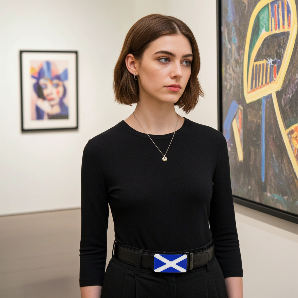 QHA Mens 35mm Ratchet Leather Belt, Scottish Saltire Flag Automatic Buckle Q70