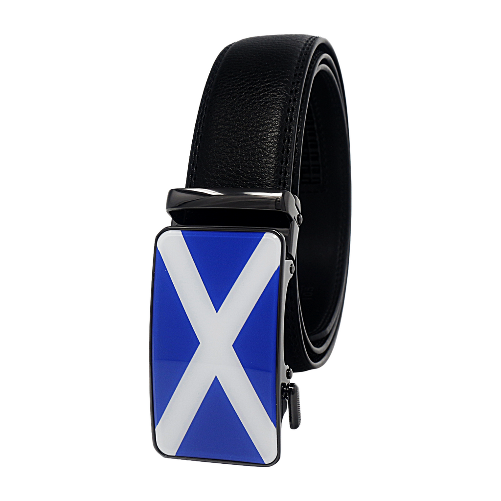 QHA Mens 35mm Ratchet Leather Belt, Scottish Saltire Flag Automatic Buckle Q70