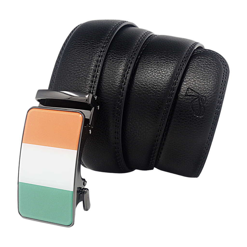 QHA Mens 35mm Ratchet Leather Belt, Irish Tricolour Flag Automatic Buckle Q72