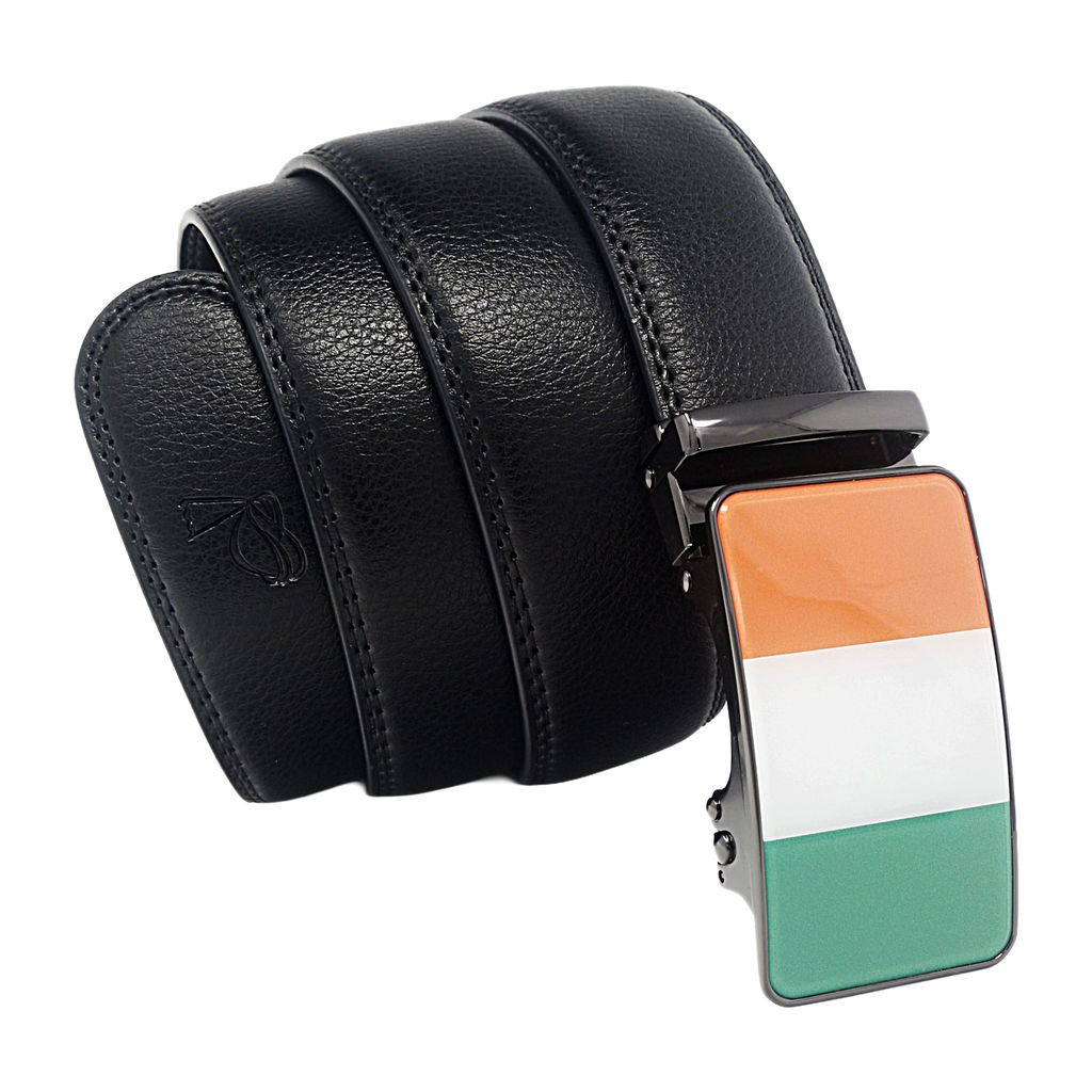 QHA Mens 35mm Ratchet Leather Belt, Irish Tricolour Flag Automatic Buckle Q72