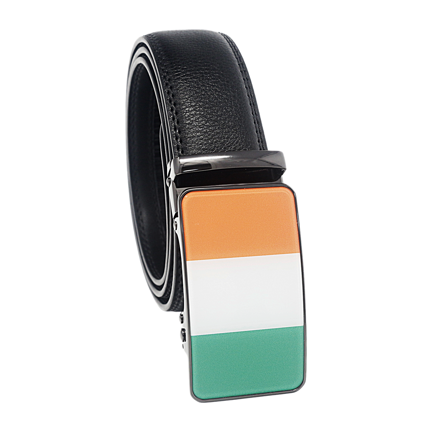 QHA Mens 35mm Ratchet Leather Belt, Irish Tricolour Flag Automatic Buckle Q72