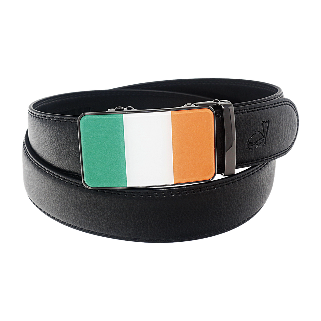 QHA Mens 35mm Ratchet Leather Belt, Irish Tricolour Flag Automatic Buckle Q72