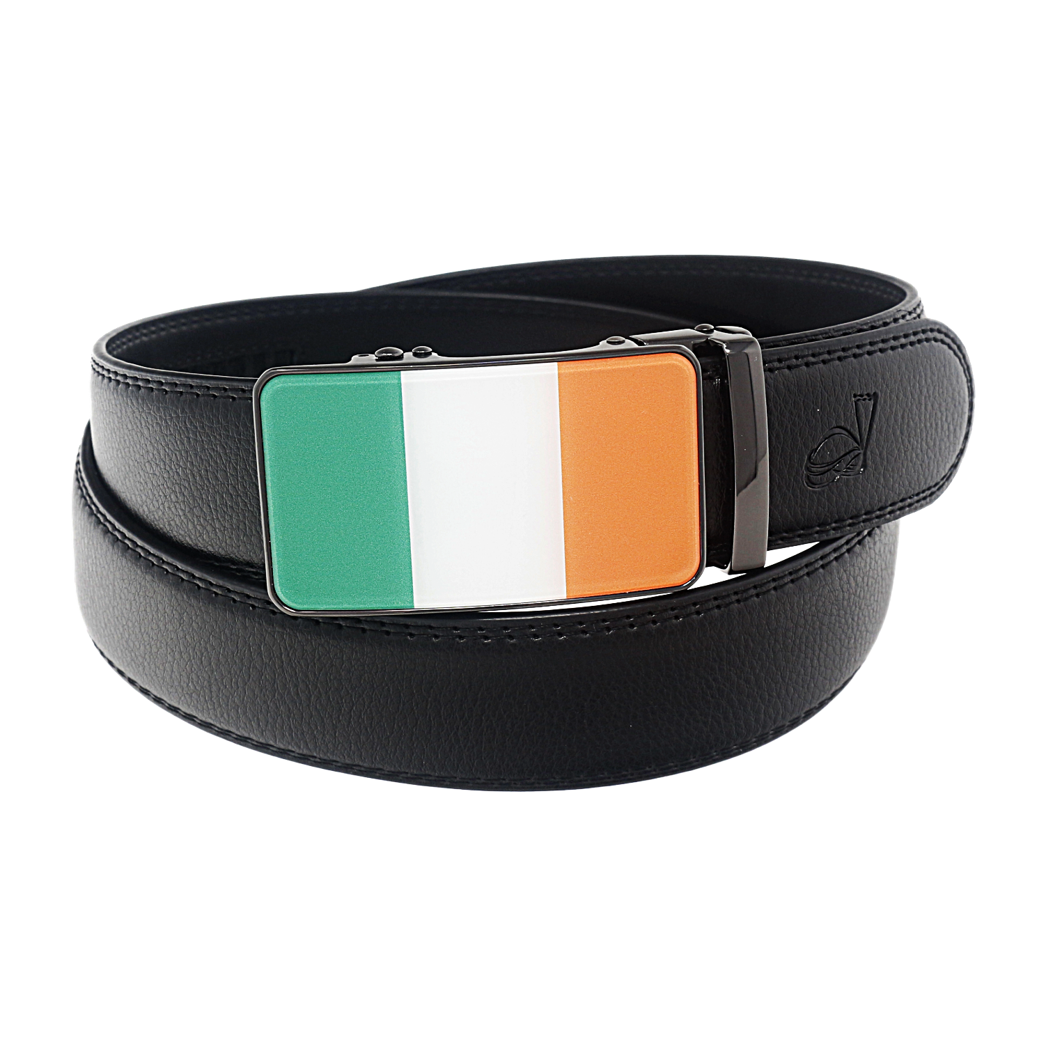 QHA Mens 35mm Ratchet Leather Belt, Irish Tricolour Flag Automatic Buckle Q72