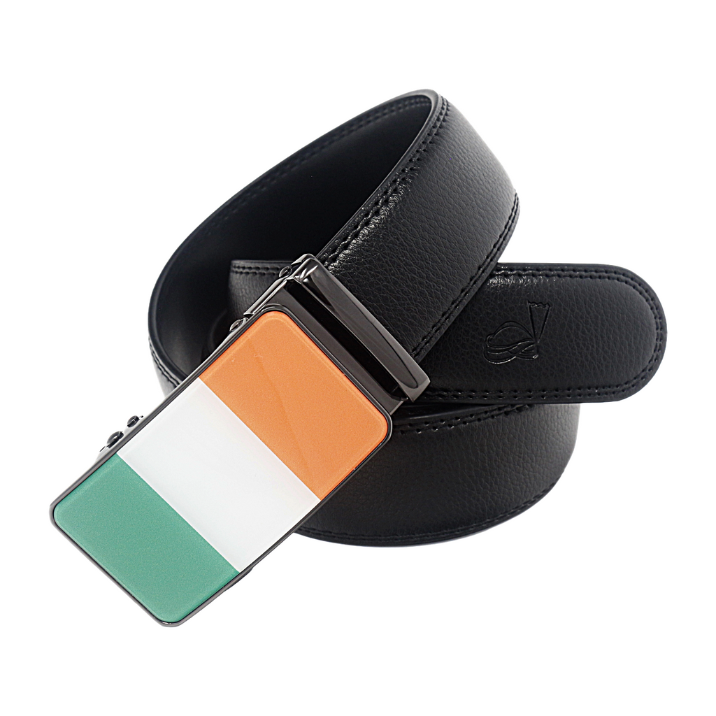 QHA Mens 35mm Ratchet Leather Belt, Irish Tricolour Flag Automatic Buckle Q72