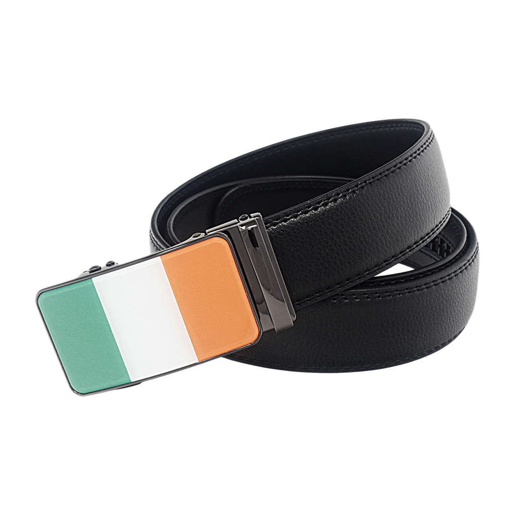 QHA Mens 35mm Ratchet Leather Belt, Irish Tricolour Flag Automatic Buckle Q72