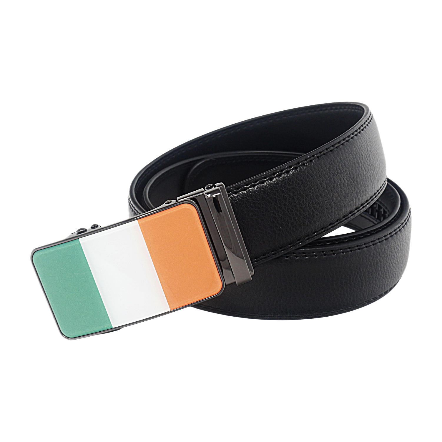 QHA Mens 35mm Ratchet Leather Belt, Irish Tricolour Flag Automatic Buckle Q72