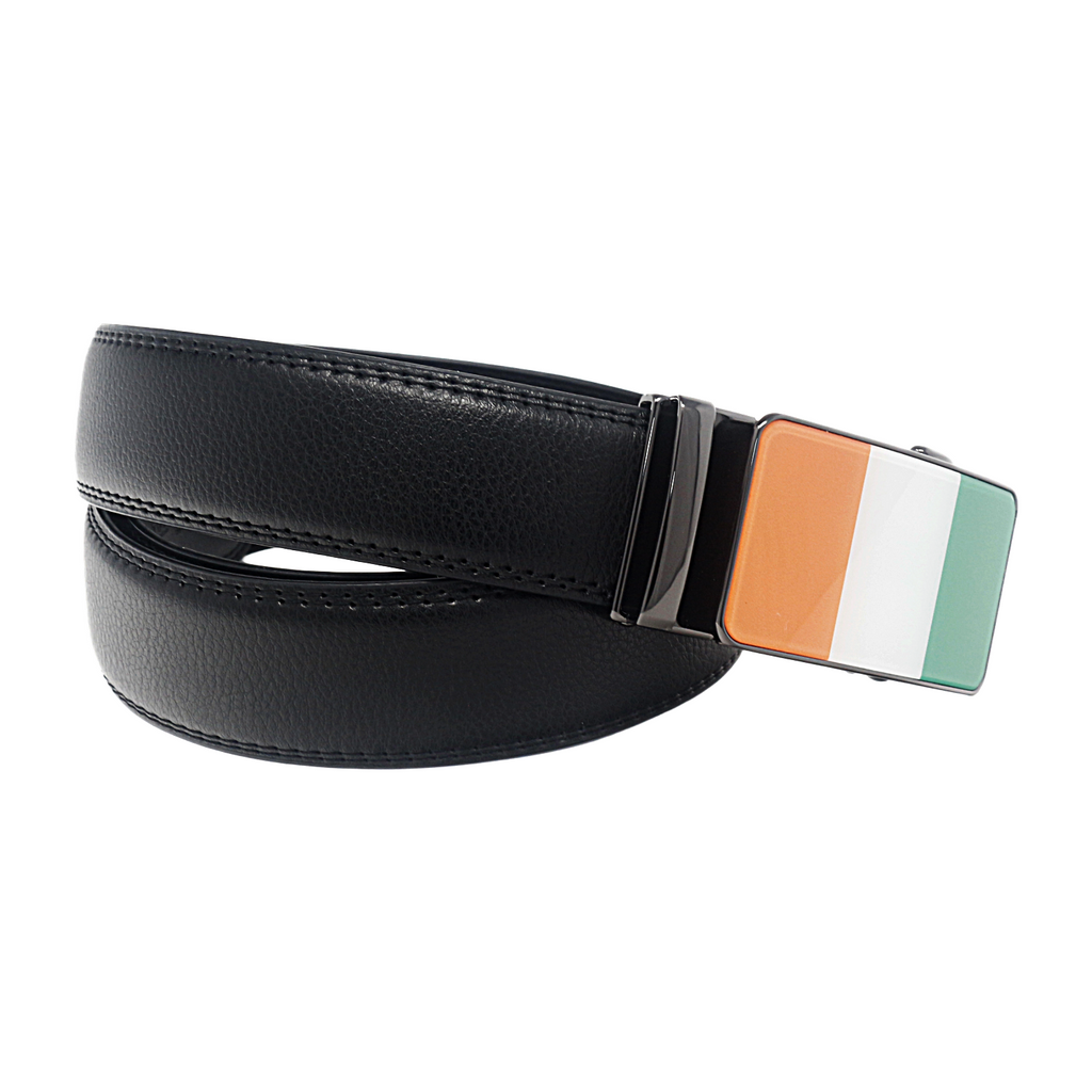 QHA Mens 35mm Ratchet Leather Belt, Irish Tricolour Flag Automatic Buckle Q72