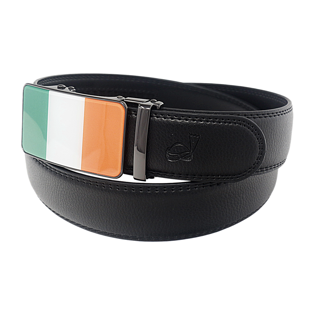 QHA Mens 35mm Ratchet Leather Belt, Irish Tricolour Flag Automatic Buckle Q72