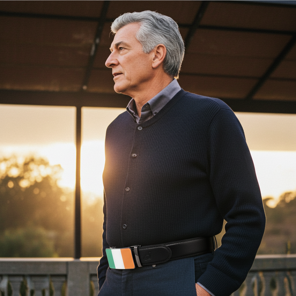 QHA Mens 35mm Ratchet Leather Belt, Irish Tricolour Flag Automatic Buckle Q72