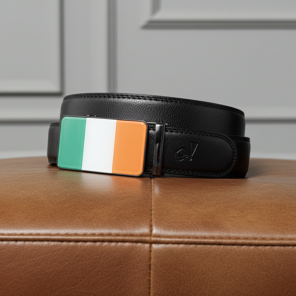 QHA Mens 35mm Ratchet Leather Belt, Irish Tricolour Flag Automatic Buckle Q72