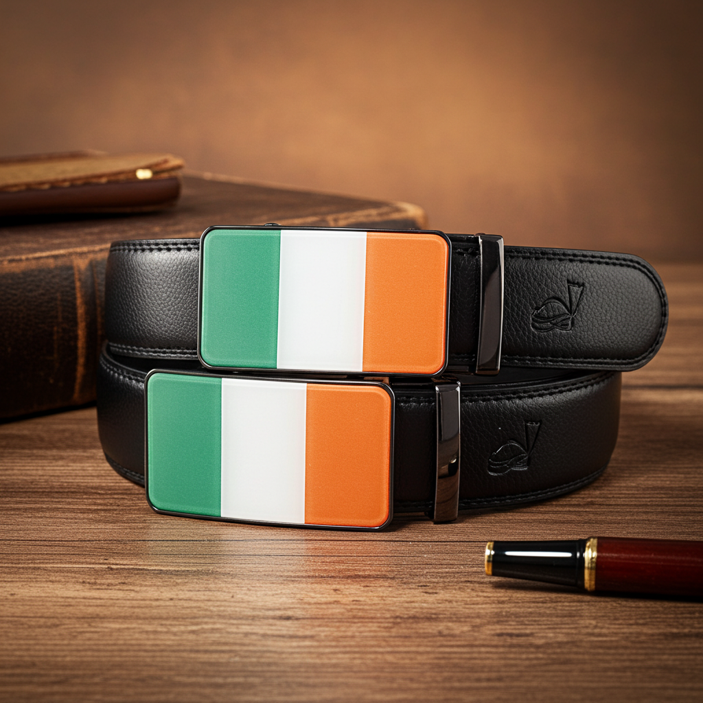 QHA Mens 35mm Ratchet Leather Belt, Irish Tricolour Flag Automatic Buckle Q72