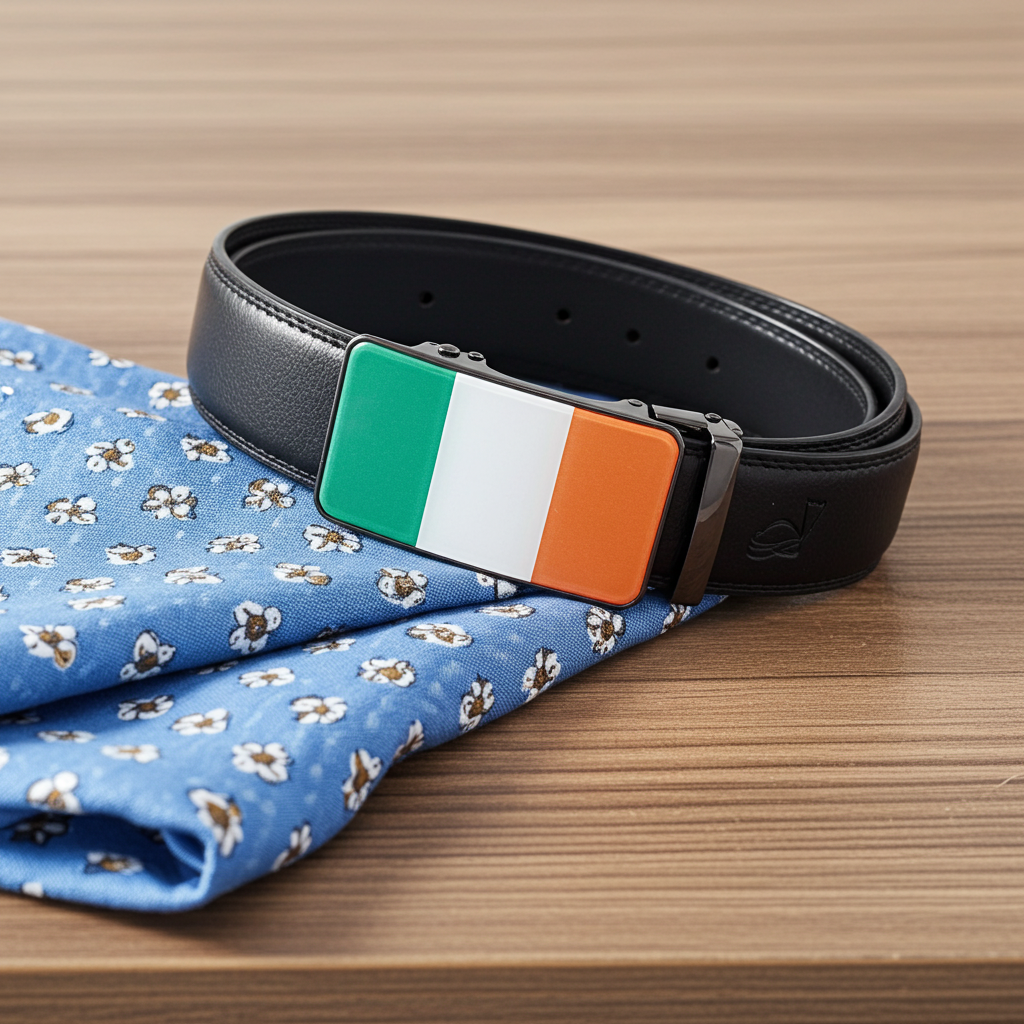 QHA Mens 35mm Ratchet Leather Belt, Irish Tricolour Flag Automatic Buckle Q72