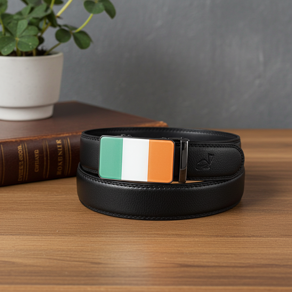 QHA Mens 35mm Ratchet Leather Belt, Irish Tricolour Flag Automatic Buckle Q72
