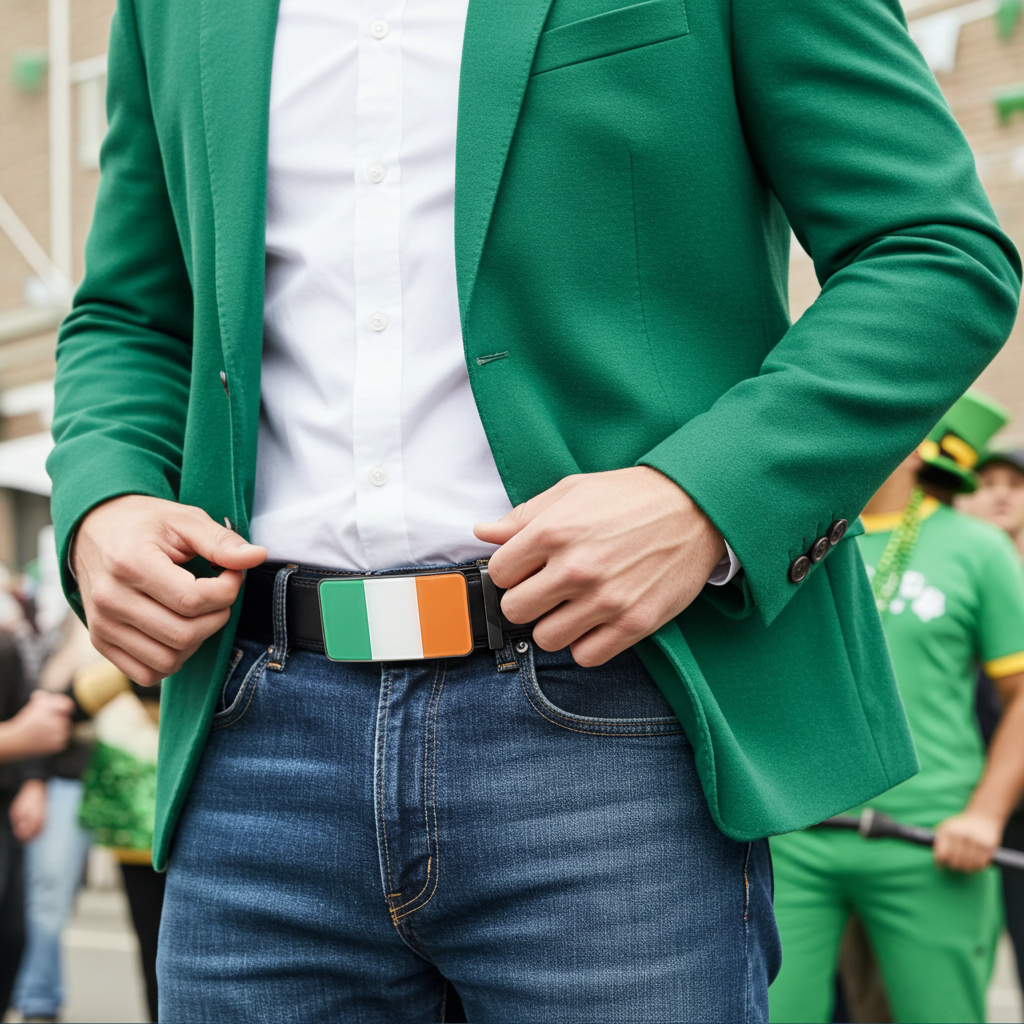 QHA Mens 35mm Ratchet Leather Belt, Irish Tricolour Flag Automatic Buckle Q72