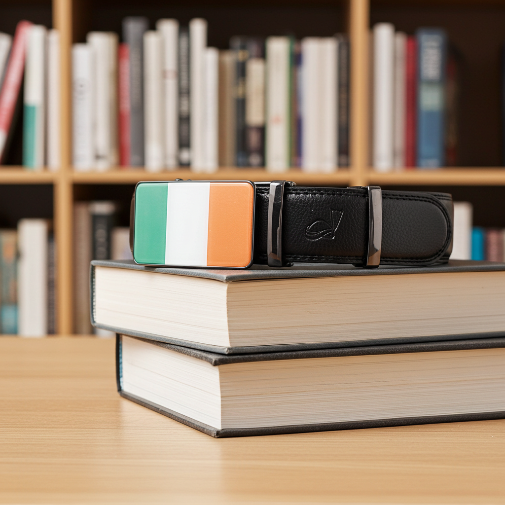 QHA Mens 35mm Ratchet Leather Belt, Irish Tricolour Flag Automatic Buckle Q72