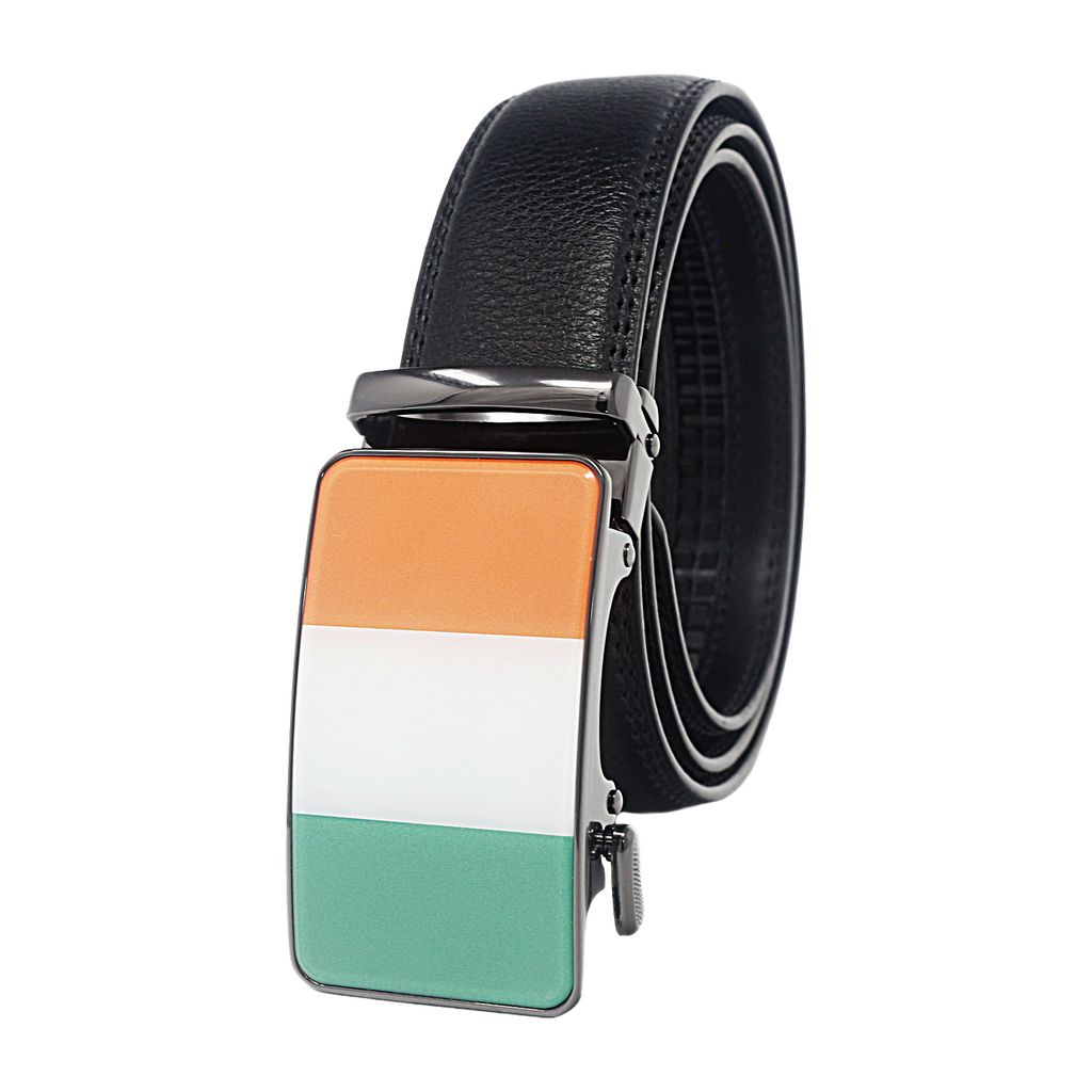 QHA Mens 35mm Ratchet Leather Belt, Irish Tricolour Flag Automatic Buckle Q72