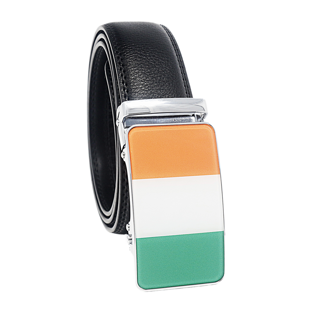 QHA Mens 35mm Ratchet Leather Belt, Irish Tricolour Flag Automatic Buckle Q72