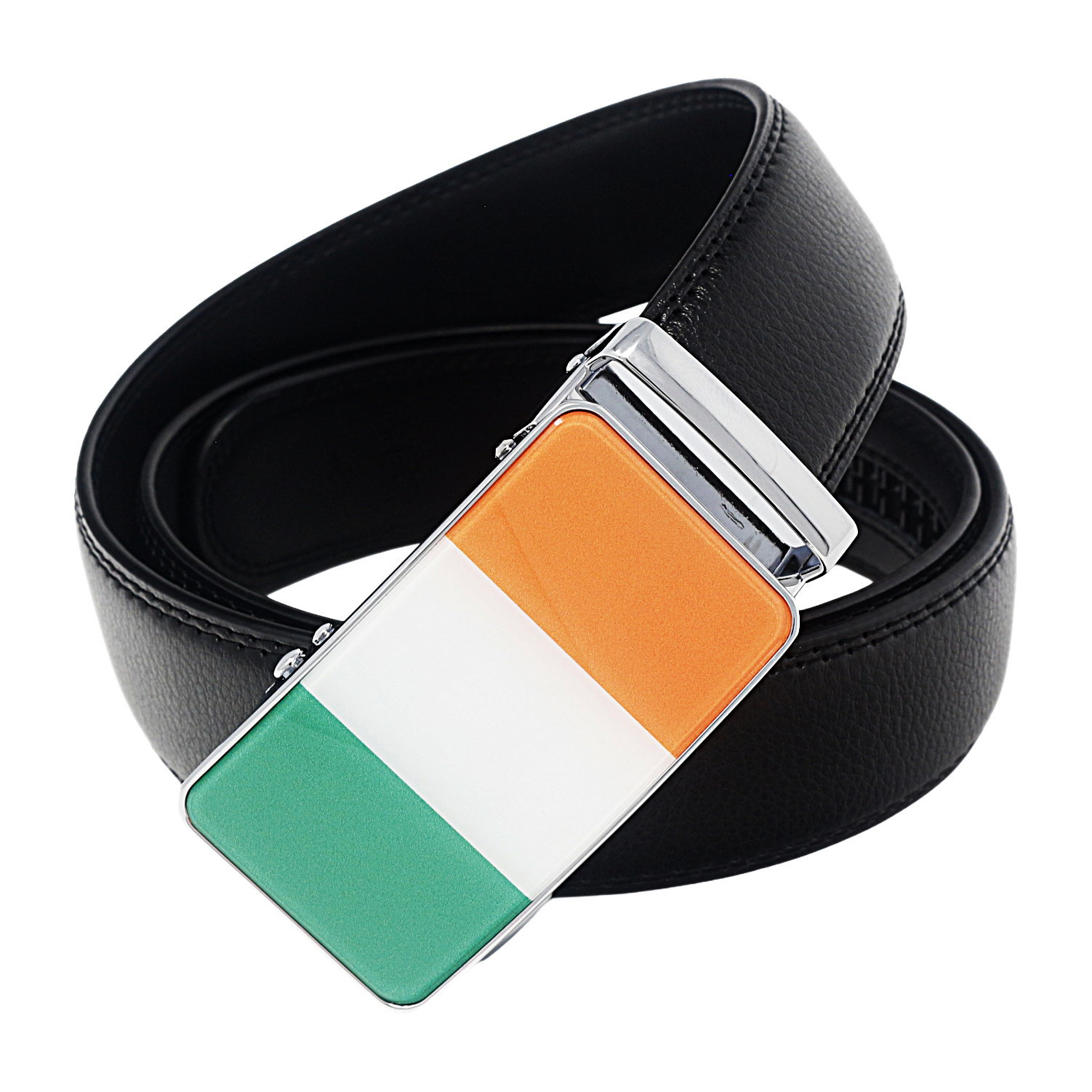 QHA Mens 35mm Ratchet Leather Belt, Irish Tricolour Flag Automatic Buckle Q72