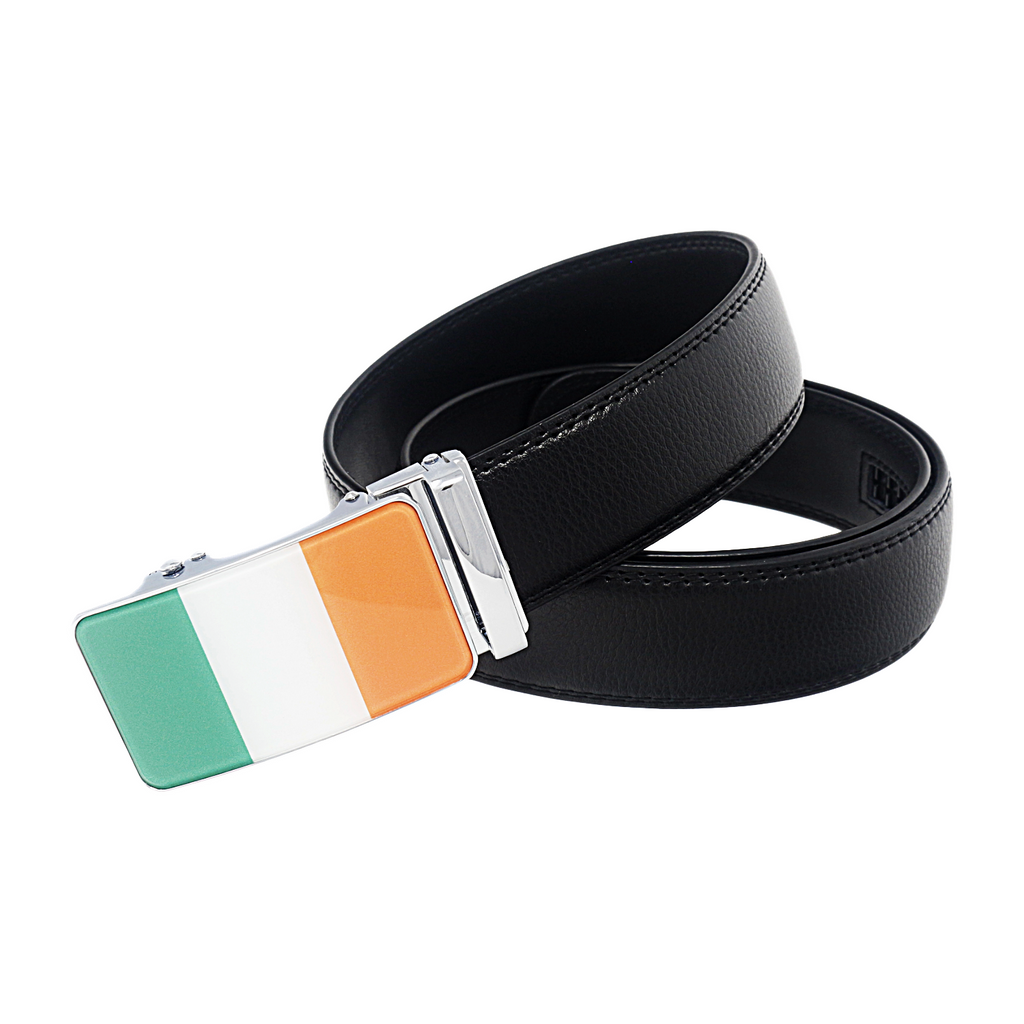QHA Mens 35mm Ratchet Leather Belt, Irish Tricolour Flag Automatic Buckle Q72