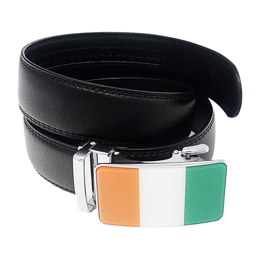 QHA Mens 35mm Ratchet Leather Belt, Irish Tricolour Flag Automatic Buckle Q72