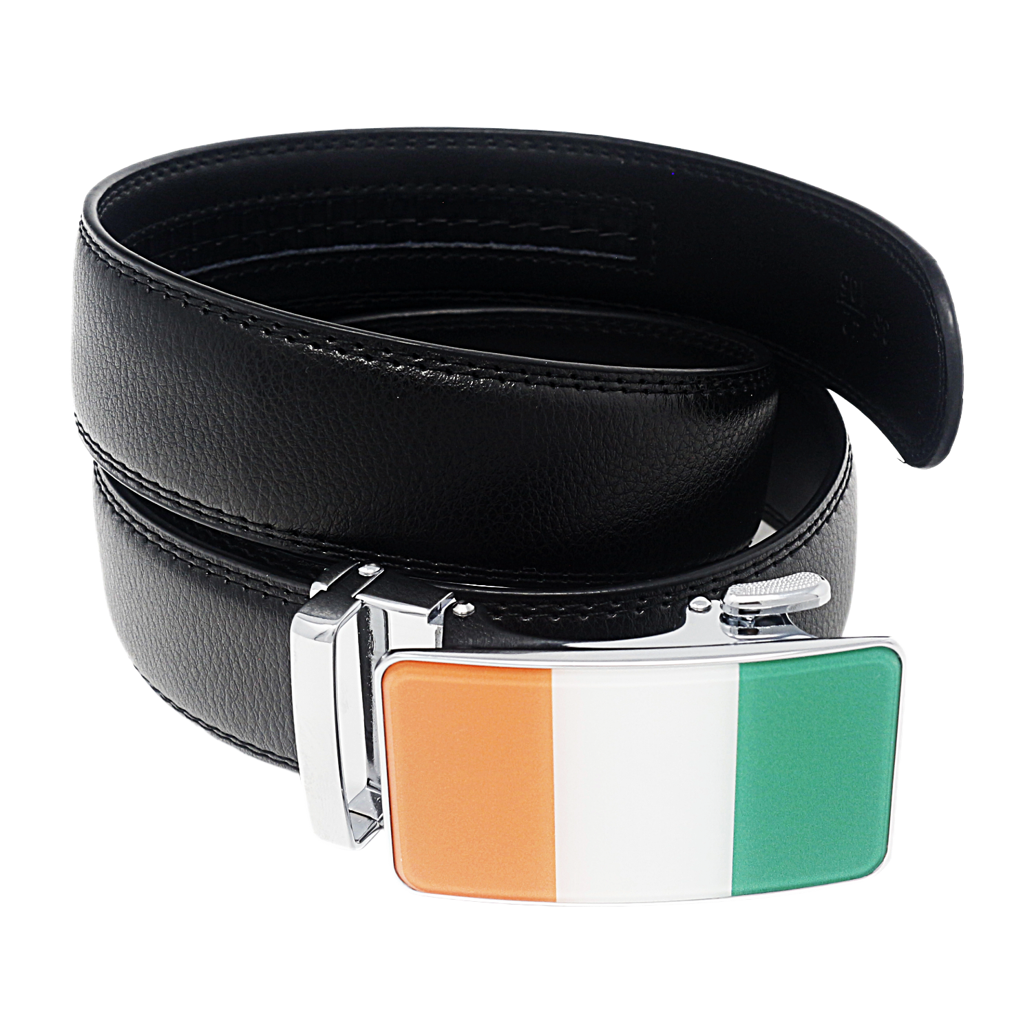 QHA Mens 35mm Ratchet Leather Belt, Irish Tricolour Flag Automatic Buckle Q72