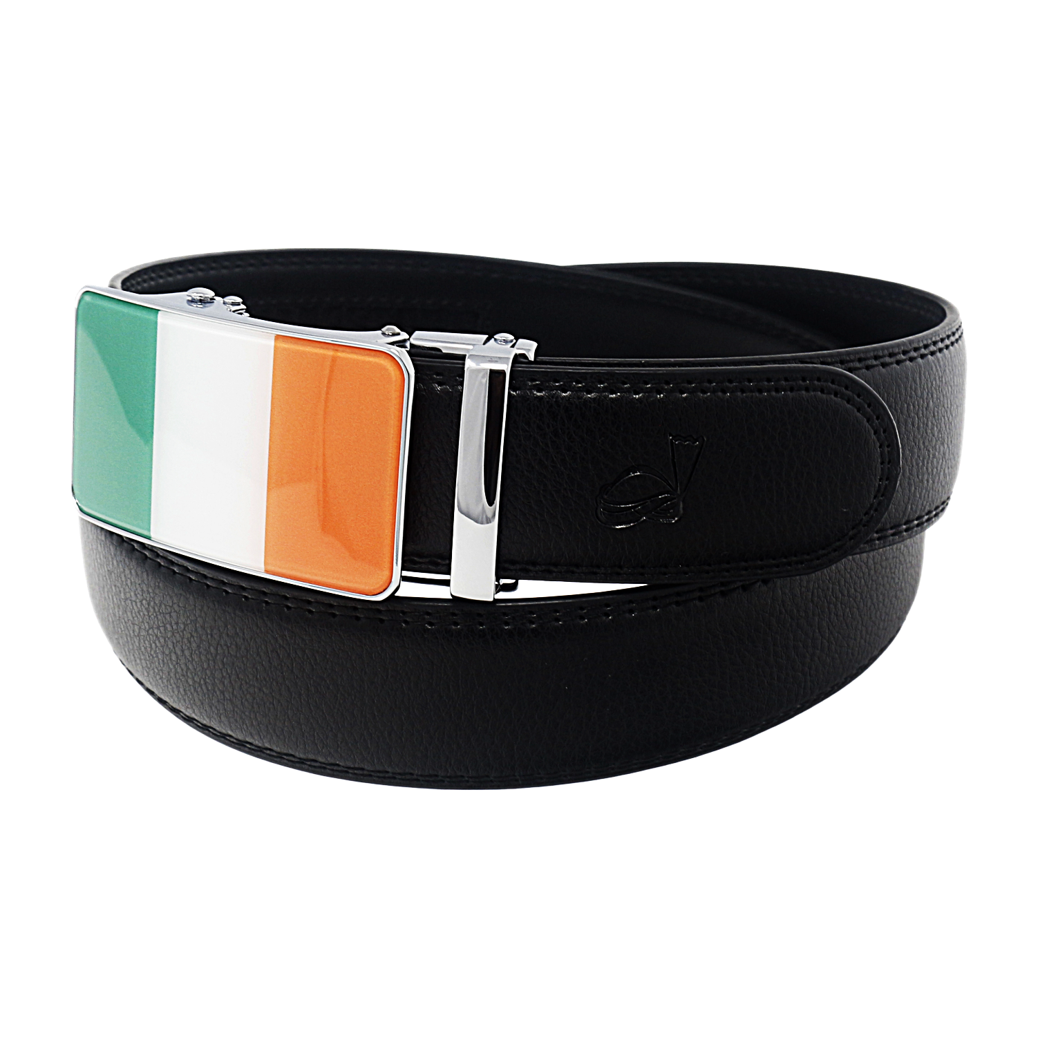 QHA Mens 35mm Ratchet Leather Belt, Irish Tricolour Flag Automatic Buckle Q72