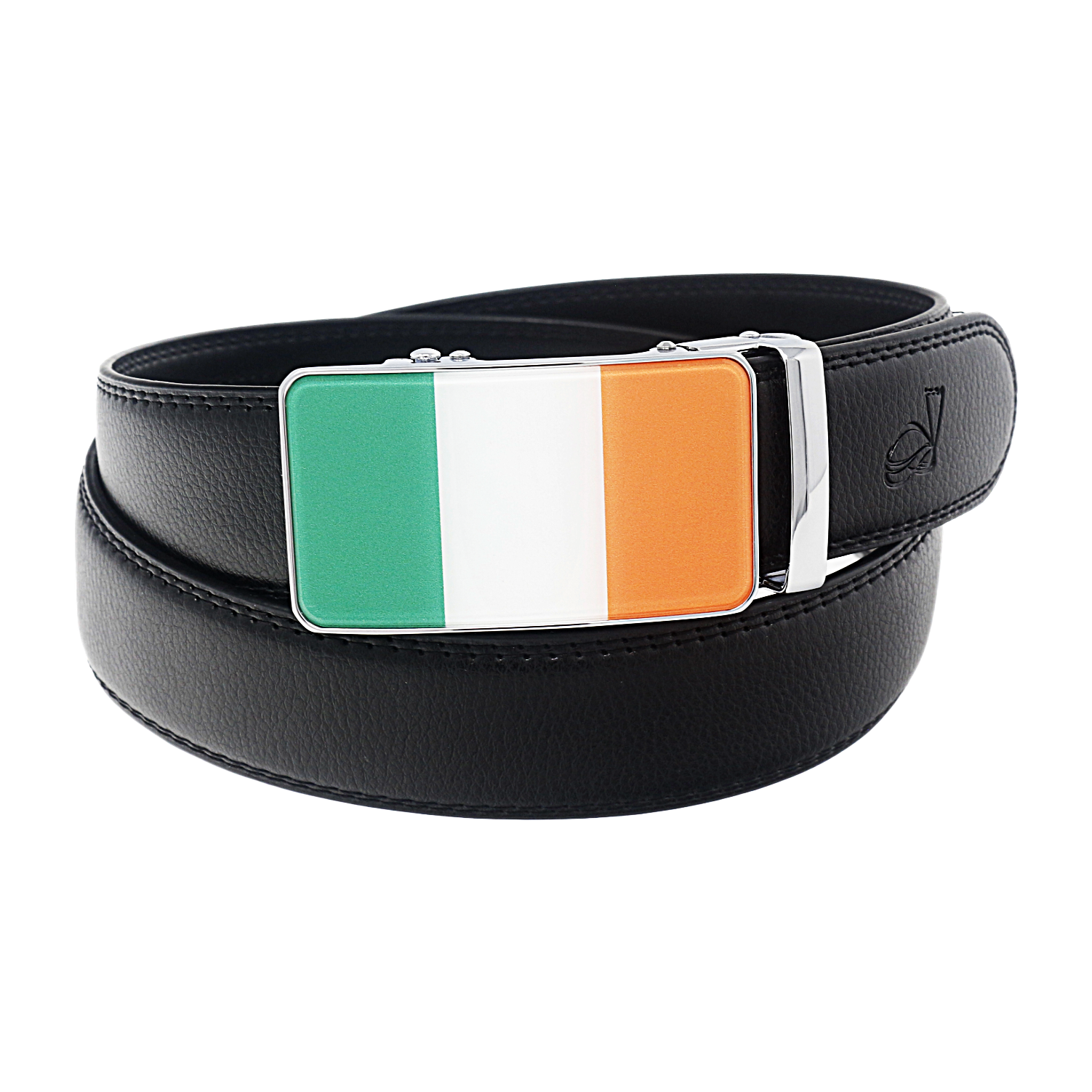 QHA Mens 35mm Ratchet Leather Belt, Irish Tricolour Flag Automatic Buckle Q72