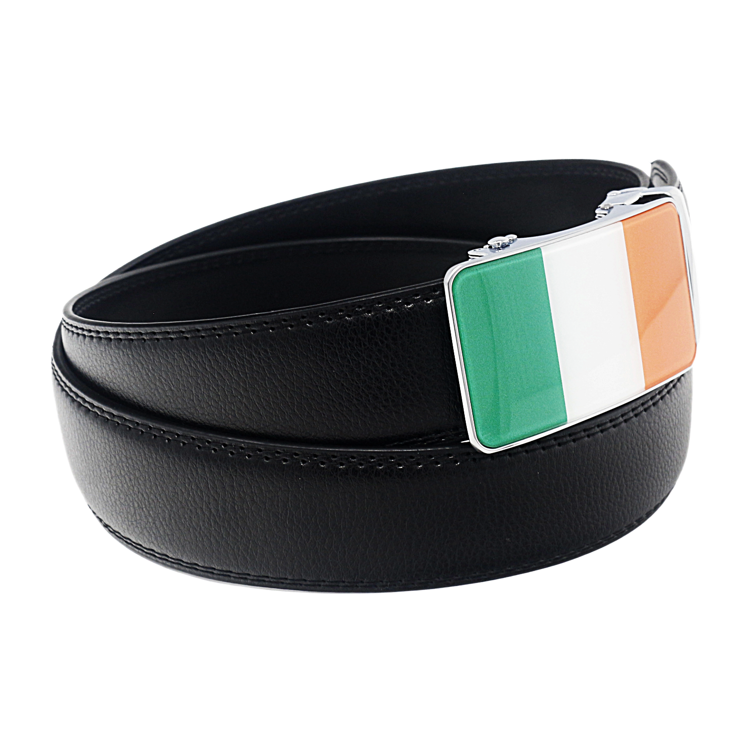 QHA Mens 35mm Ratchet Leather Belt, Irish Tricolour Flag Automatic Buckle Q72