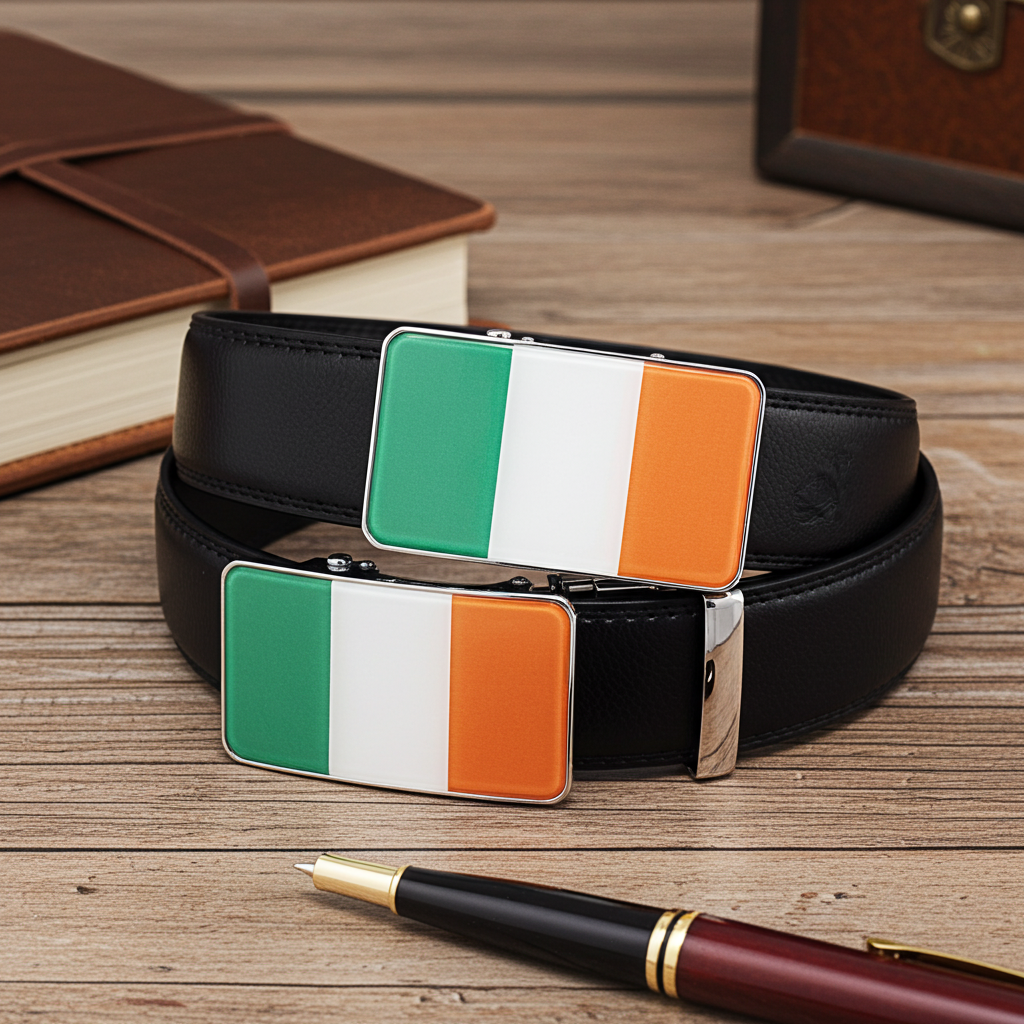 QHA Mens 35mm Ratchet Leather Belt, Irish Tricolour Flag Automatic Buckle Q72