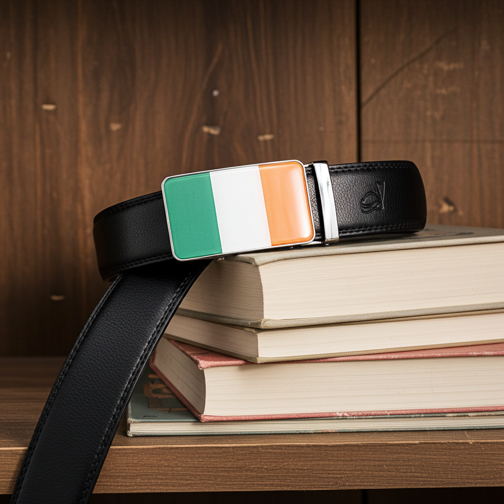 QHA Mens 35mm Ratchet Leather Belt, Irish Tricolour Flag Automatic Buckle Q72