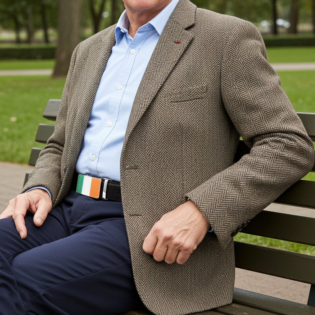 QHA Mens 35mm Ratchet Leather Belt, Irish Tricolour Flag Automatic Buckle Q72